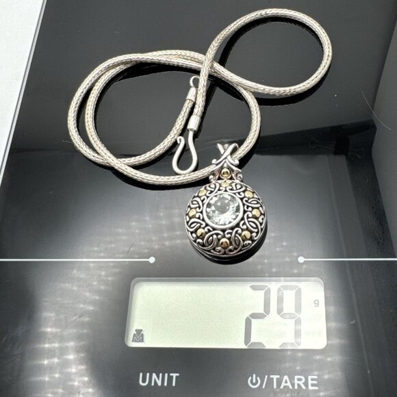 Bali Prasiolite Pendant Necklace Sterling Silver 18K Gold Scrollwork 16" - Picture 4 of 16